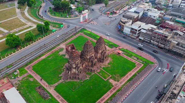 Phra Prang Sam Yod an ancient Khmer monument sits at the center of a roundabout in Lopburi