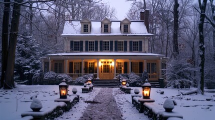 Obraz premium A cozy, illuminated house surrounded by snow-covered trees at dusk, with glowing lanterns lining the pathway