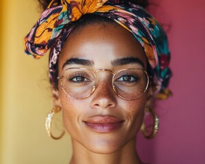 Vibrant Diversity Empowerment Inclusive Gen Z Portrait with Bold Headwrap and Circular Glasses - Multicultural Creativity and Personal Expression