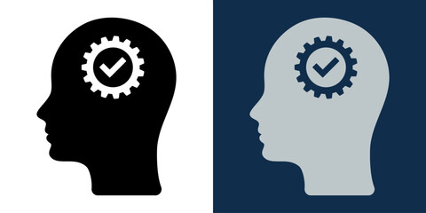 Human head with gear and check mark, efficient thinking, brain process,, productivity, automation, system optimization, smart decision, logical mindset, business intelligence, problem-solving icon