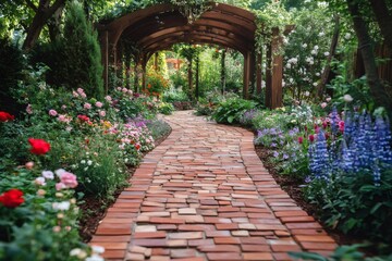 Brick path winding through lush garden with wooden pergola