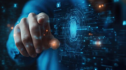 Fototapeta premium Digital Fingerprint Scan: A futuristic depiction of a fingertip interacting with a complex digital interface, representing data security and technological advancement.