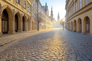 A serene morning at the Sukiennice (Cloth Hall), with early sunlight filtering through the historic arches