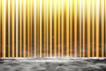 Realistic gold theater curtain vector illustration. Shiny silk drape with glowing light, sparkles and haze. Perfect for stage backgrounds, award ceremonies or cinematic presentations.