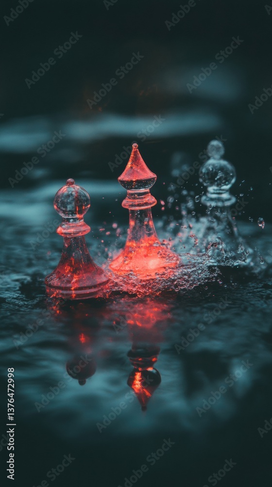 Aufkleber Cinematic Liquid Dynamics High-Speed Water Droplet Collision Revealing Ethereal Chess Piece Silhouettes in Moody Macro for Digital Art and Science Visualization