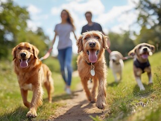 Happy Dog Lovers Walking Golden Retriever & Brown Dog in Picturesque Park