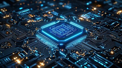 Obraz premium A floating blue chip with an illuminated core above a circuit board, surrounded by gray circuits and white lines representing electric connections, creating a high - tech and innovative atmosphere. 