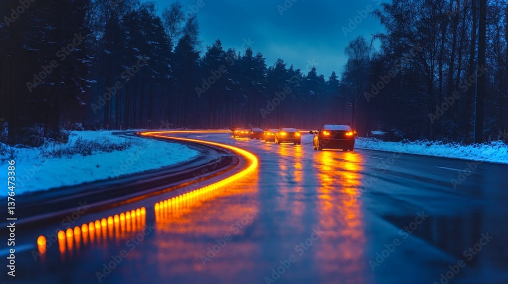 Poster a series of vehicles navigate a winding, wet road illuminated by glowing lane markers under a darken