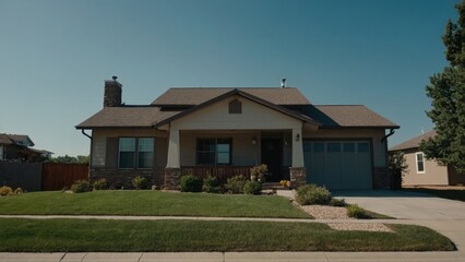 Fototapeta premium Suburban Home with Green Lawn, Stone Accents, and a Covered Porch on a Sunny Day