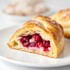A close-up of a freshly baked fruit-filled Danish on a white plate, with vibrant raspberry filling peeking through the golden, flaky dough.