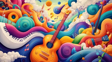 Vibrant and colorful abstract composition highlighting the harmony of music and creativity.