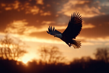 Fototapeta premium Eagle soars majestically against a fiery sunset sky, a symbol of freedom and natural beauty.