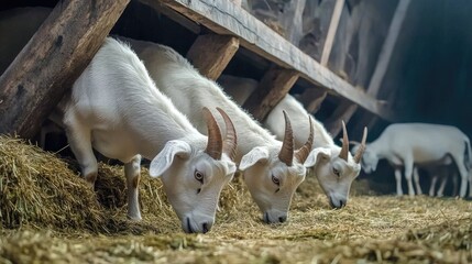 Obraz premium White goat herd inside a Dutch farm barn, showcasing a serene countryside atmosphere with natural light filtering through rustic wooden beams. The goats are calmly grazing or interacting with each 