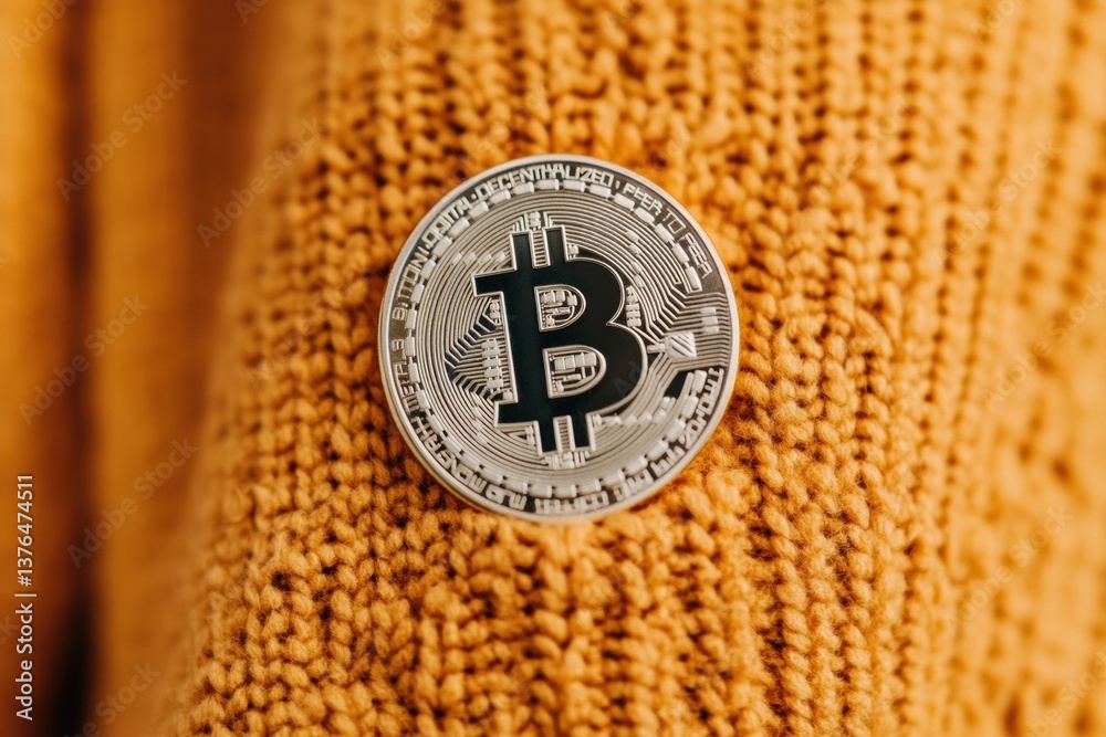Poster decentralized finance revolution silver bitcoin on warm textile - next-gen cryptocurrency visualizat