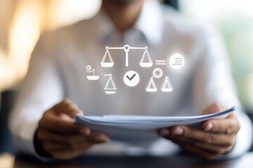 Digital Legal Workflow AI-Enhanced Compliance Visualization with Holographic Justice Icons - Innovative Professional Services for Next-Gen Legal Technology