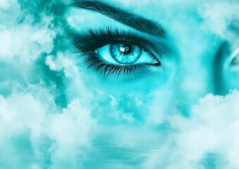 Woman's eyes in teal clouds