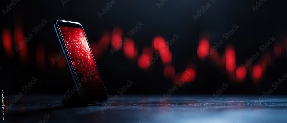 Poster Dark Mode Fintech Revolution Sleek Smartphone Visualizing Cybersecurity Dynamics with Dramatic Red Digital Flow - Next-Gen Financial Technology Aesthetic