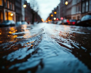 Urban Climate Resilience Cinematic Flooded Street Landscape Showcasing Atmospheric Urban Decay and Extreme Weather Adaptive Design