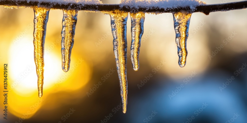 Poster Climate Crisis Visual Metaphor Golden Hour Illuminated Icicle Formation Showcasing Freeze-Thaw Dynamics in Hyper-Realistic Environmental Documentation