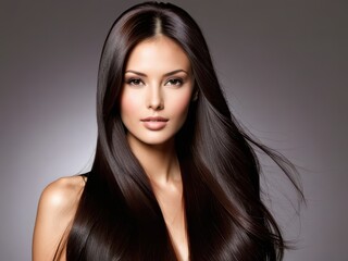 Naklejka premium Beautiful Brunette Woman with Long Straight Shiny Hair | Perfect Haircare & Beauty Portrait