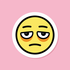 face with bags under eyes emoji sticker, yellow face with tired eyes, black outline, pink background, vector design element
