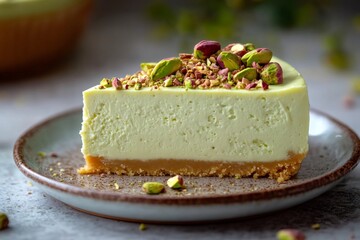 Slice of pistachio cheesecake resting on a plate, garnished with chopped pistachios