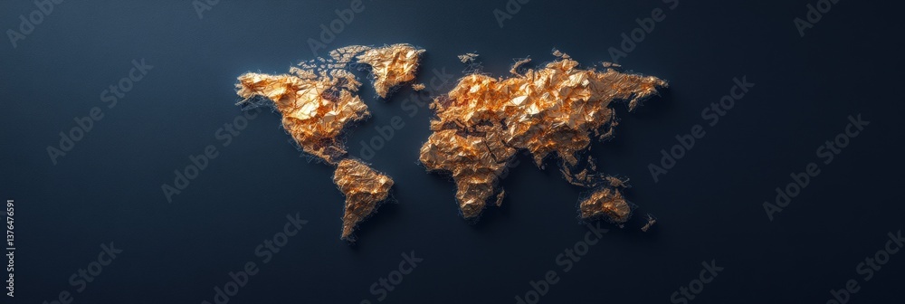 Poster Metallic Cartography Luxe Gold World Map Visualization for Global Tech Strategy, Digital Transformation and Interconnected Business Networking