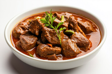 Realistic and detailed close-up of lamb curry emphasizing rich textures and colors.