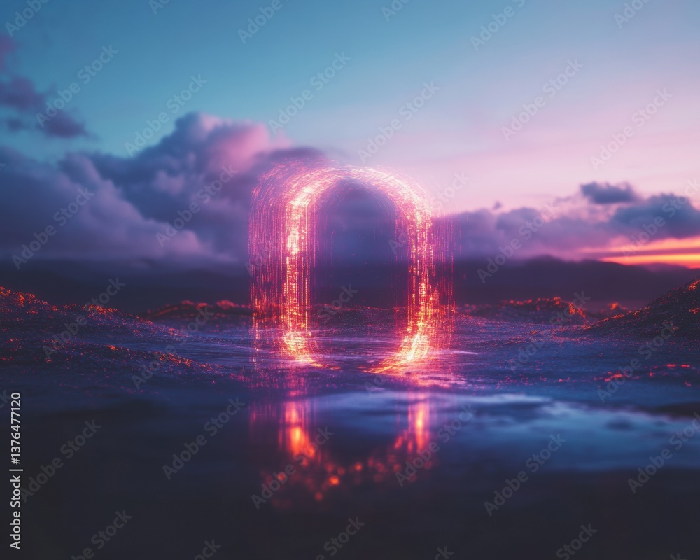 Poster Ethereal Digital Gateway Quantum Emergence in Twilight Landscape - Immersive Tech Innovation for Next-Generation Spatial Experience Design