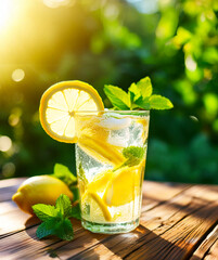 Refreshing lemonade in a glass with ice, lemon slices, and mint leaves. The drink is bright yellow with condensation droplets. Wooden table, summer sunlight, and blurred green leaves in the background