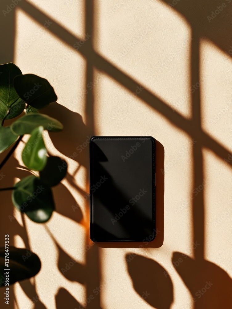 Poster Minimalist Digital Mobility Sleek Black Touchscreen Device with Botanical Shadows - Modern Tech Aesthetic Exploring Productivity and Design Innovation