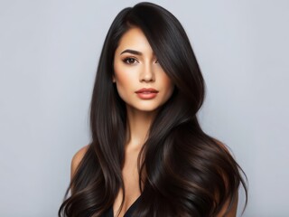 Fototapeta premium Beautiful Young Woman Portrait with Long Wavy Brown Hair and Serene Expression, Natural Beauty Headshot for Skincare and Lifestyle Marketing