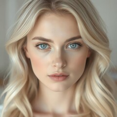 Naklejka premium Stunning Blonde Woman Beauty Portrait with Wavy Hair and Striking Blue Eyes