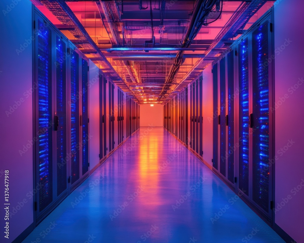 Poster Cyber Symmetry Immersive Digital Infrastructure Visualization - Next-Gen Cloud Computing Corridor with Neon-Infused Technological Aesthetic and Infinite Connectivity Potential
