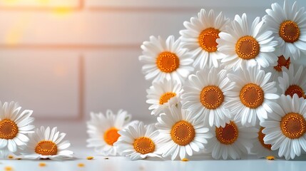 Bunch of white daisies with orange centers are arranged in a row. The flowers are scattered on a white surface, creating a sense of calm and serenity