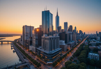 Obraz premium A stunning aerial view of a modern city skyline during golden hour, with skyscrapers reflecting the warm hues of the setting sun.