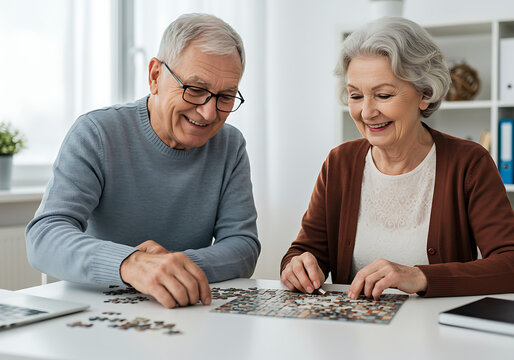 Una hermosa pareja de ancianos que disfrutan jugando puzzles para prevenir la demencia.