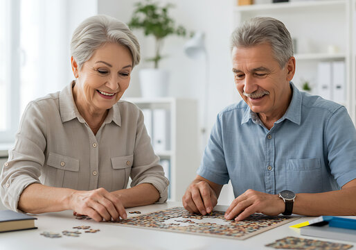 Una hermosa pareja de ancianos que disfrutan jugando puzzles para prevenir la demencia.