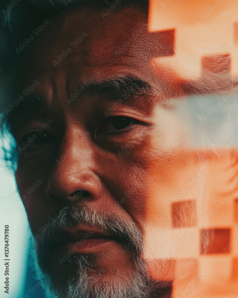 Poster Digital Identity Deconstruction Pixelated Portrait Exploring Generational Complexity, Emotional Depth and Modern AI-Inspired Human Visualization Techniques