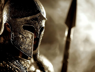 Ancient Greek Warrior in Bronze Armor and Helmet