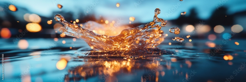 Poster Luminescent Water Droplet Dynamics Macro Capturing Fluid Motion Design with Golden Bokeh Illumination - Innovative Visual Technology and Creative Scientific Visualization