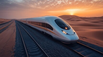 Naklejka premium A smart train moves swiftly along railway tracks in a vast desert during sunset, highlighting innovations in logistics, automation, and mobility solutions.