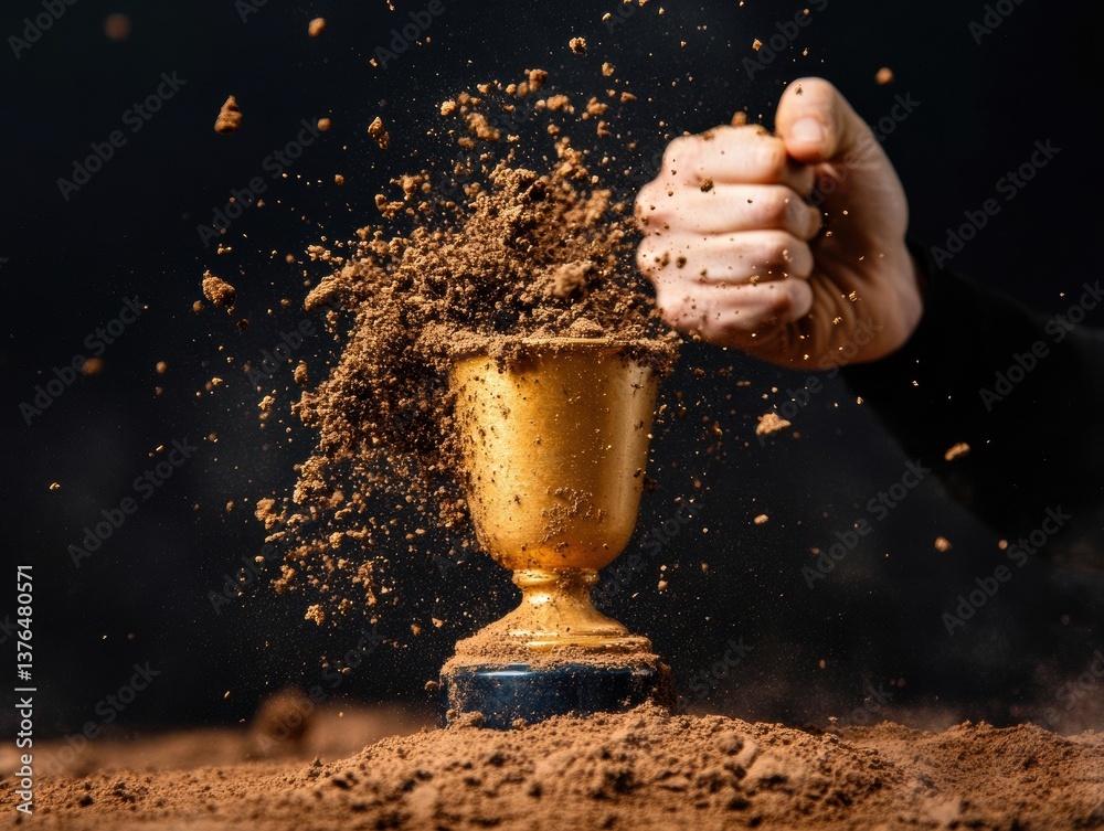 Poster explosive achievement dramatic gold trophy shattering with dynamic soil burst - next-gen performance
