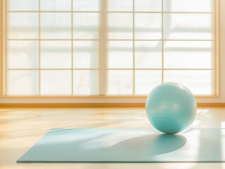 minimalistic gym setting features light blue exercise ball resting on yoga mat, illuminated by natural light streaming through large windows, creating serene atmosphere