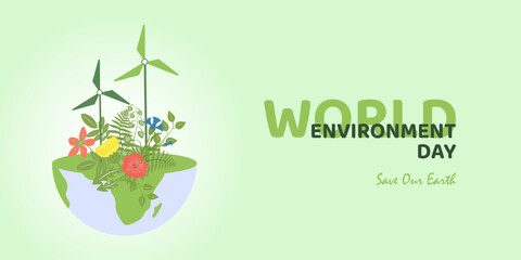 Minimalist World Environment Day illustration with green earth, leaves. Promotes sustainability, nature conservation and global awareness. Ideal for organizations, posters and education