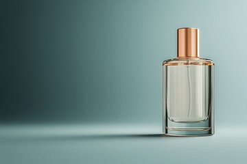 Elegant Perfume Bottle Mockup: Clear Glass, Copper Accents, Minimalist Design on Teal Background, Product Photography, Beauty, Fragrance, Luxury