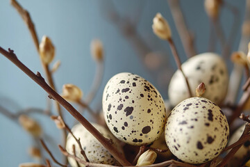 Fototapeta premium Traditional Easter painted eggs blooming willow branches in vase вусщк, spring celebration setup, Generative AI