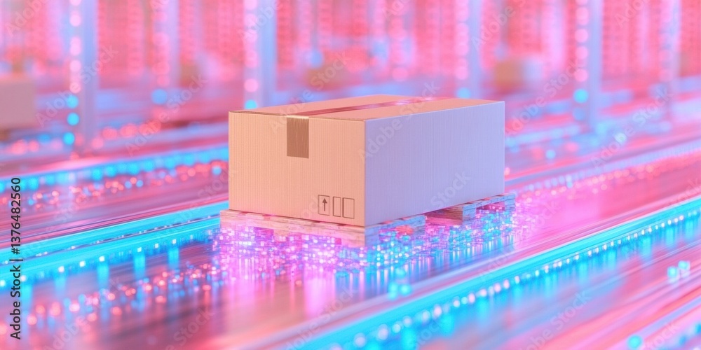 Poster ai-powered logistics revolution hyper-connected cardboard shipping box on neon cybernetic conveyor -