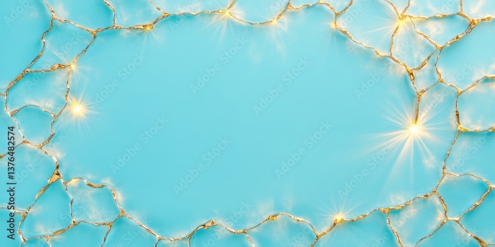 Poster Luminescent Kintsugi Texture Ethereal Azure Digital Backdrop with Golden Fracture Lines - Modern Design Element for Tech, Wellness, and Creative Branding Aesthetics