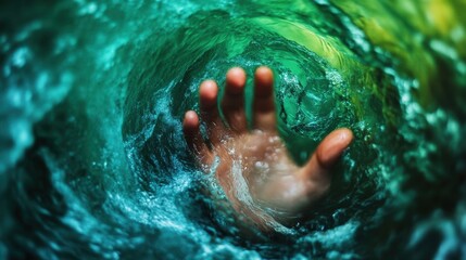 Fototapeta premium Struggling hand rescued from turbulent waters ocean depths photography underwater close-up survival